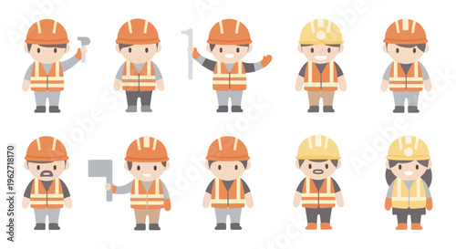 Cute Flat Cartoon Construction Workers Engineers Vector Illustration Set
