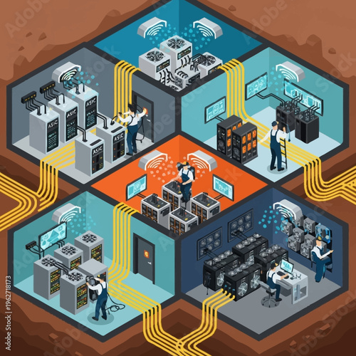 Isometric view of a cryptocurrency mining farm with workers maintaining servers and cooling systems.