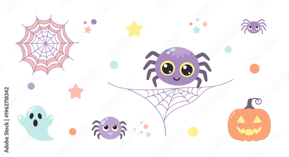 Obraz premium Cute Halloween Party Elements with Flat Spiders, Ghost, Webs, and Pumpkin for Kids