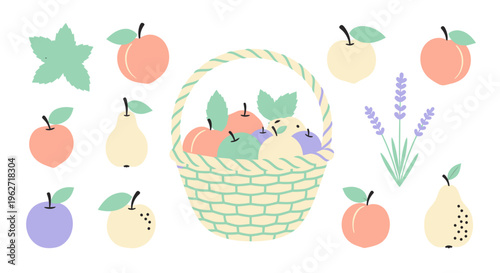 Flat Illustration of Fresh Autumn Fruits and Lavender in a Basket, Harvest Season Concept