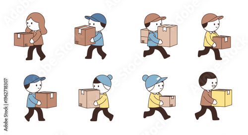 Delivery Service and Logistics Industry Workers Carrying Boxes Flat Cartoon Line Art Illustration