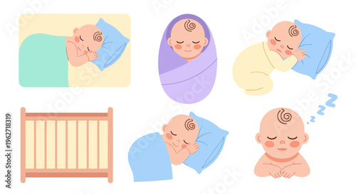 Flat Cartoon Sleeping Babies Vector Set for Family, Parenting, and Newborn Care