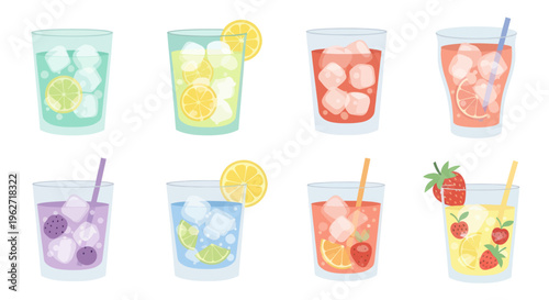 Refreshing Flat Vector Summer Drinks Collection: Lemonade, Cocktail, and Fruit Juice Illustrations