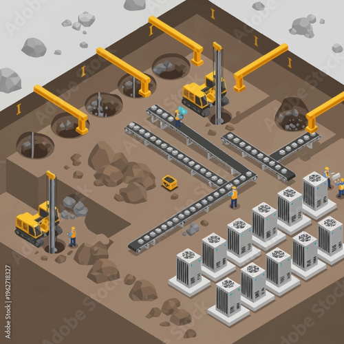 Isometric view of a construction site with drilling machines and conveyor belts moving materials.