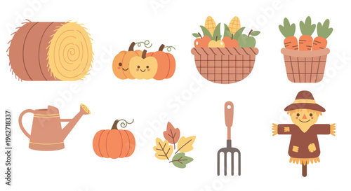 Flat Autumn Harvest Farming Icons Set: Hay, Pumpkins, Scarecrow, Produce  Garden Tools