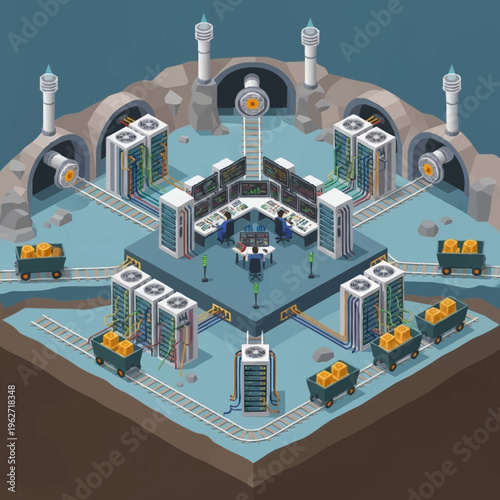 Isometric view of a cryptocurrency mining farm with servers and mining rigs in a digital underground complex.