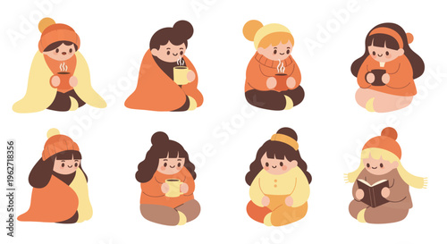 Flat Illustration: Cozy Winter Lifestyle with People Drinking Hot Drinks and Reading