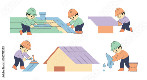 Flat Illustration Vector of Solar Panel Installation Process. Renewable Energy Construction on Rooftop.