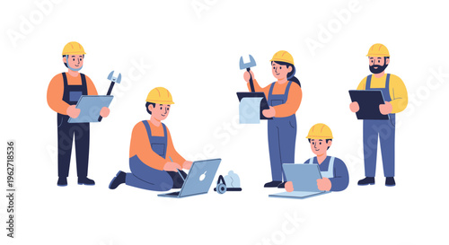 Engineering  Construction Workers with Laptops  Tools - Flat Vector Illustration