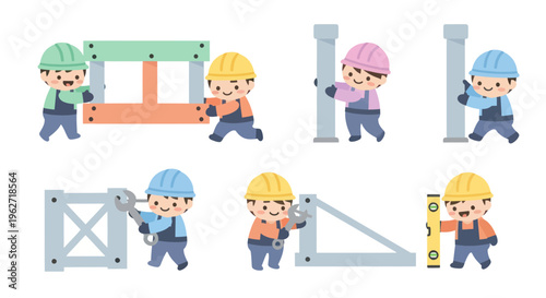 Cute Kids Construction Builders and Engineering Workers Flat Vector Illustration Set