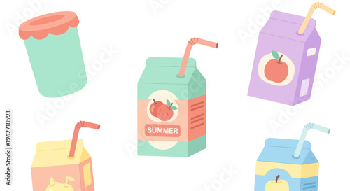 Flat Vector Food  Drink Illustration: Kids Summer Fruit Juice Cartons  Cup Set