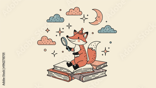 Cartoon Fox Reading Book with Magnifying Glass.