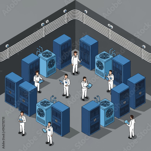 IT professionals working in a server room with cooling systems and racks of computers.