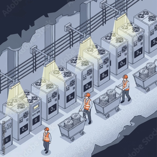 Workers in a mine operating heavy machinery and transporting materials in carts.