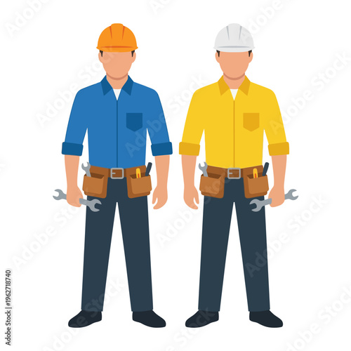 Professional construction workers with tools and helmets