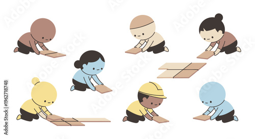 Diverse Cute Flat People Laying Floor Tiles - Construction, Home Renovation Illustration