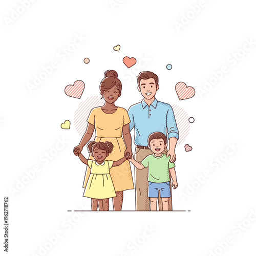 A happy multiracial family with two children, a boy and a girl, holding hands and surrounded by hearts.