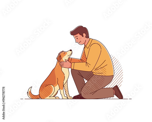 A man kneeling and gently petting a brown dog, showing a loving interaction between human and pet.