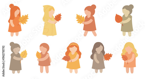 Flat Style Autumn Girls Holding Leaves Vector Illustration for Seasonal Childhood Theme