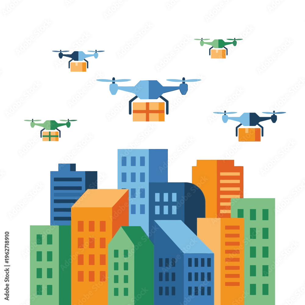 Obraz premium Delivery drones flying over urban area illustration