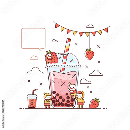Cute illustration of a giant strawberry bubble tea with small characters and festive decorations.