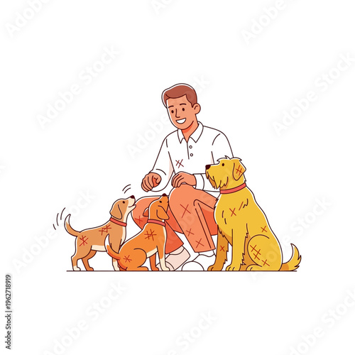 A smiling man is sitting on the floor and training three dogs, two small puppies and one adult dog.