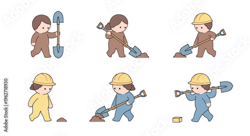 Flat Cartoon Construction Workers Digging with Shovels and Hard Hats Vector Illustration