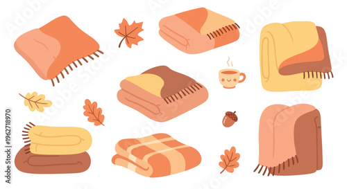 Cozy Autumn Blankets and Fall Elements Flat Vector Illustration for Home Comfort Lifestyle