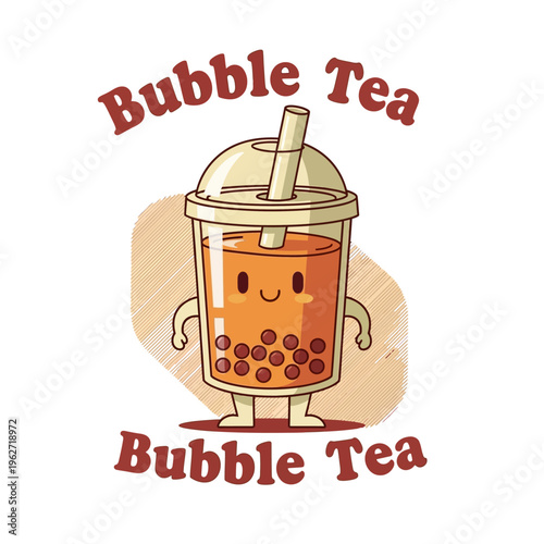 A cute cartoon illustration of a bubble tea drink with a smiling face and arms and legs, with the words "Bubble Tea" written above and below it.