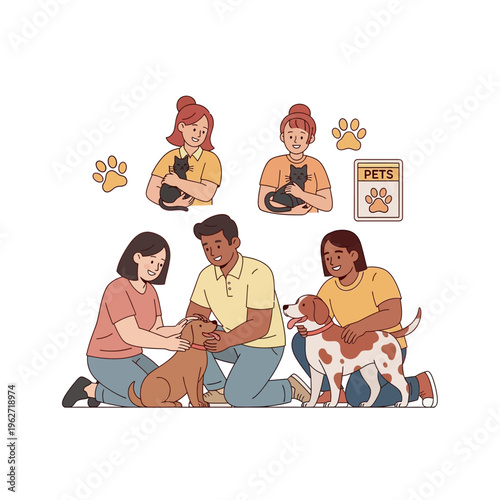 A diverse group of people interacting with their beloved pets, including cats and dogs, in a heartwarming scene of companionship and care.