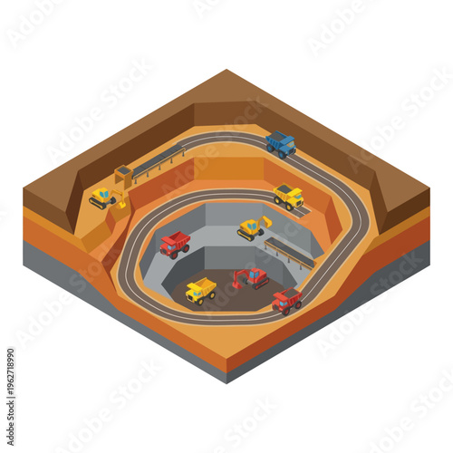 Isometric open pit mine with heavy machinery