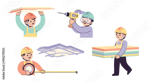 Construction Workers with Tools  Building Materials Flat Vector Illustration Set