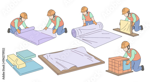 Construction Industry Building Process, Workers Laying Insulation, Flat Line Art Design