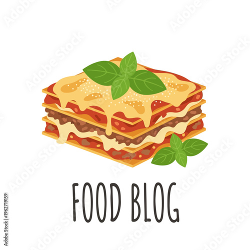 Delicious lasagna piece with fresh basil illustration