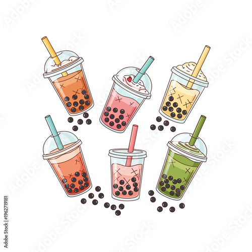 A vibrant collection of six delicious bubble tea drinks in various colors and flavors, artfully arranged with scattered tapioca pearls.
