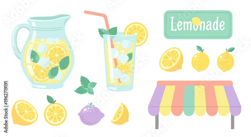 Food  Drink Flat Vector: Lemonade Stand Elements Set with Fresh Summer Drink and Lemons