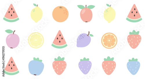 Flat Design Cute Fruit Vector Icons Collection for Healthy Food and Summer Niche