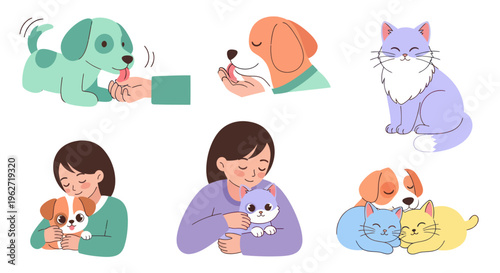 Pet Care Flat Illustration with Cute Dogs, Cats, and People Showing Animal Companionship