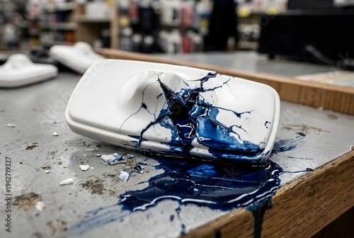 Macro close-up of a cracked retail anti-theft security tag leaking dark blue dye