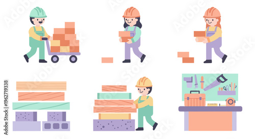 Flat Design Construction Illustration with Builders, Materials, and Hand Tools