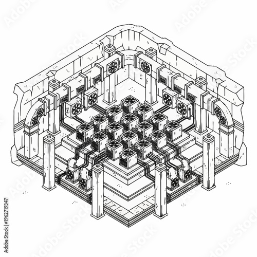 Ancient stone chamber with complex machinery and cooling fans, isometric view.