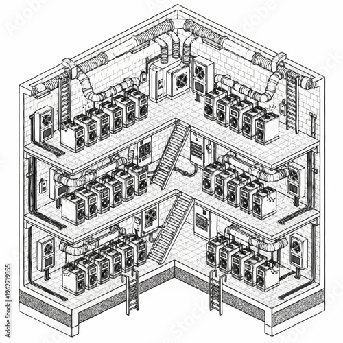Isometric illustration of a multi-story server room with rows of computers and cooling systems.