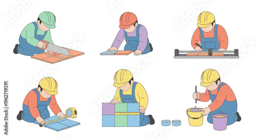 Flat Vector Illustration Set of Construction Workers Tiling Process Steps