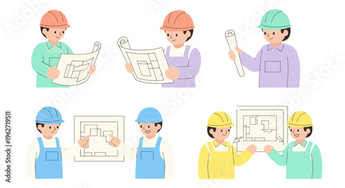 Construction workers with blueprints, flat vector illustration