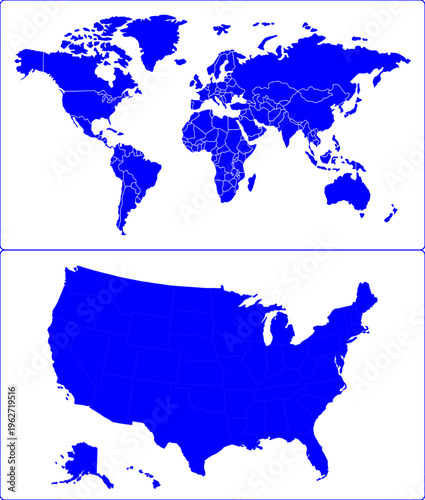 Modern Flat World Map and USA States Vector.