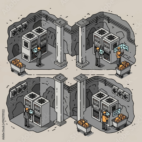Isometric illustration of a cryptocurrency mining operation in a cave with servers and carts full of coins.