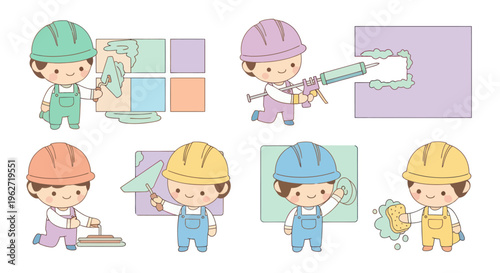 Cute Construction Workers Applying Plaster, Caulking, and Cleaning