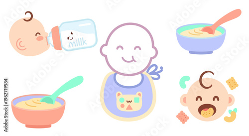 Cute Baby Feeding and Food Icons, Flat Style