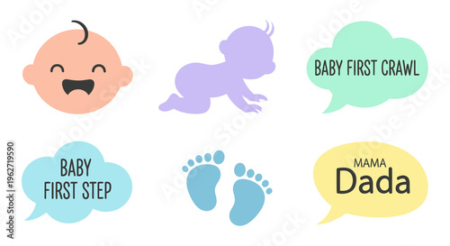 Baby Milestone Icons: First Crawl, Step, Dada, Mama - Flat Design