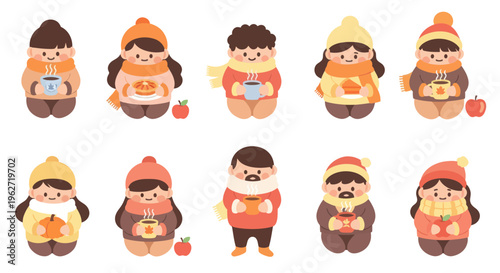 Cute Autumn Characters Holding Hot Drinks, Flat Design